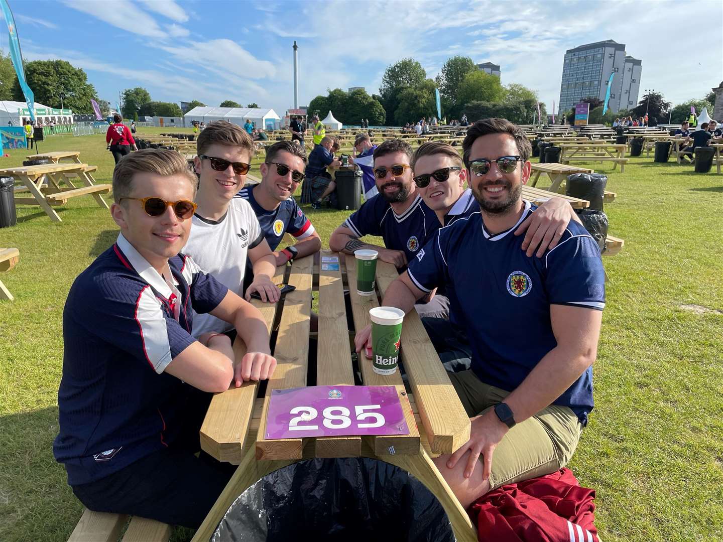 L-R: Lewis Cassie, Donald Mitchell, Greg Patrick, Declan Corcoran, Euan Douglas and Greg Morrison at the fanzone in Glasgow (PA)