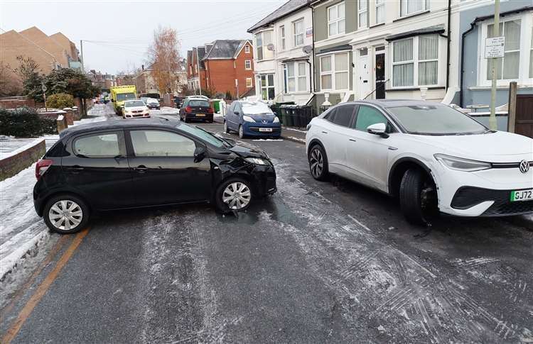 A Peugeot and a Volkswagen were in collision in Hardinge Road, Ashford, during icy weather