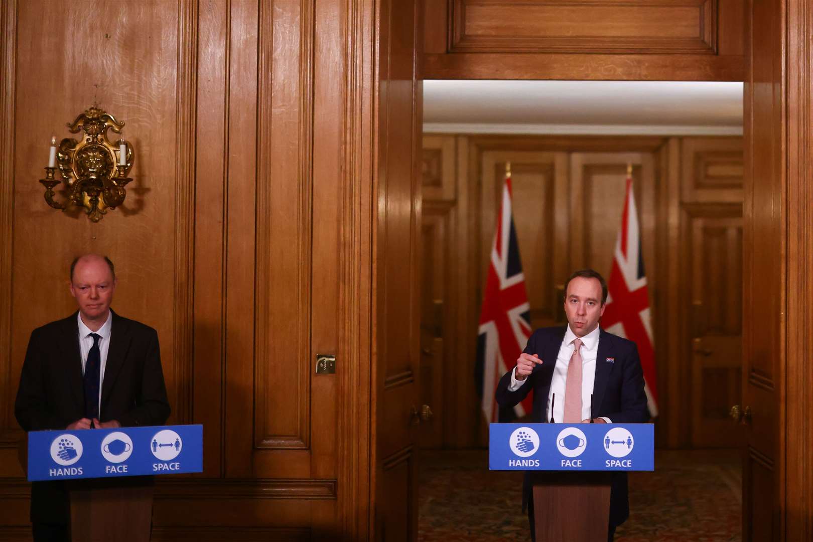 Chief medical officer Professor Chris Whitty and Health Secretary Matt Hancock during Thursday’s briefing (Simon Dawson)