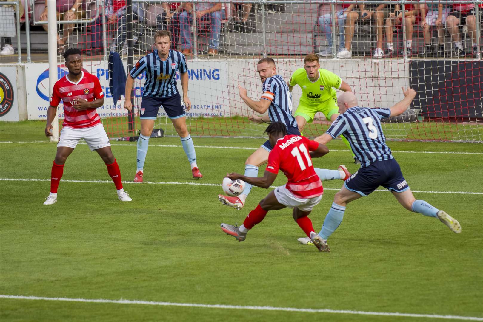 Ebbsfleet's Darren McQueen scores his third goal of the season against Bath. Picture: Ed Miller/EUFC