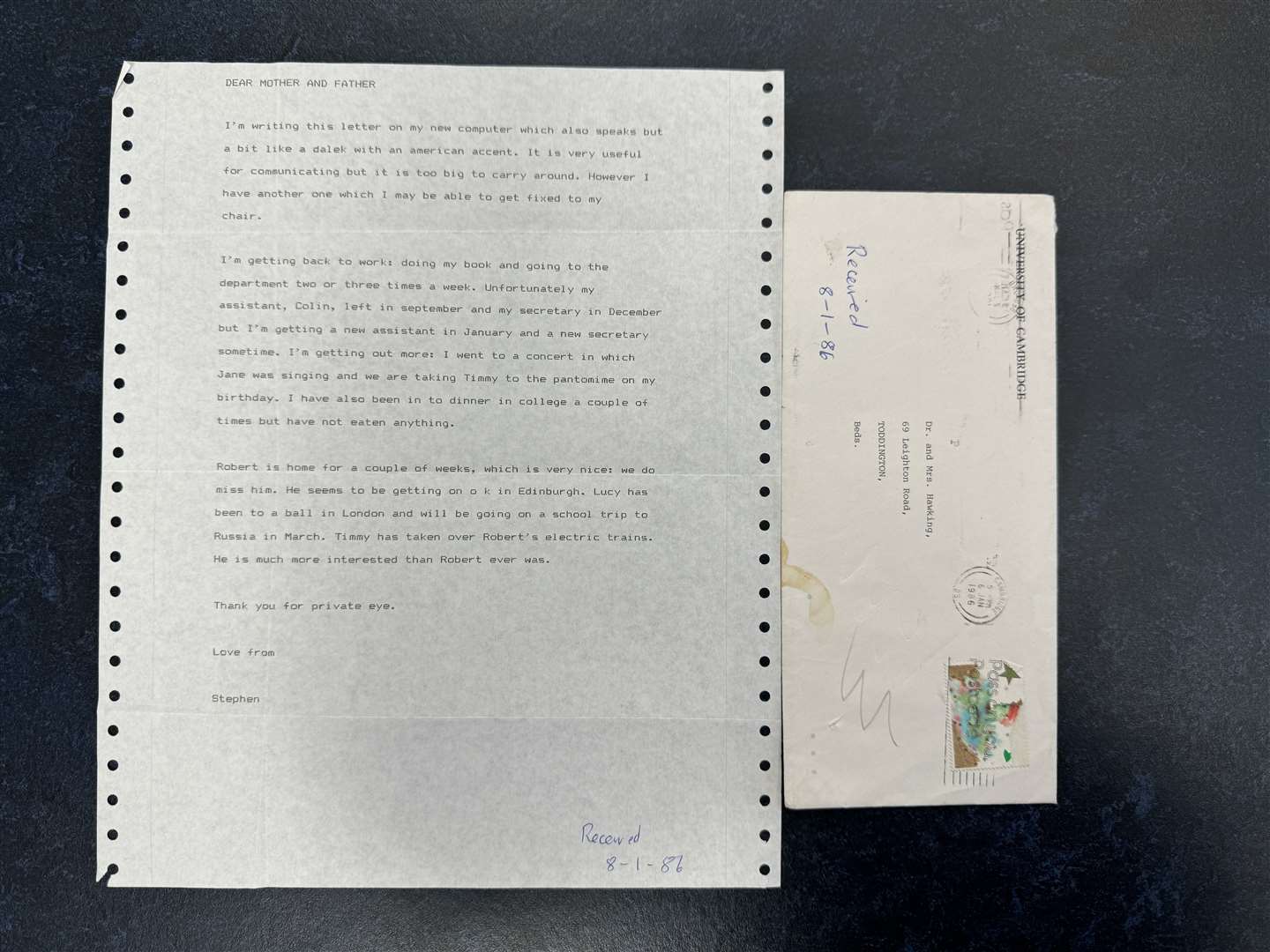 Stephen Hawking described his computer which speaks ‘a bit like a Dalek’ in a letter to his parents. (Lizzie Woodman/ Cambridge University Library/PA)