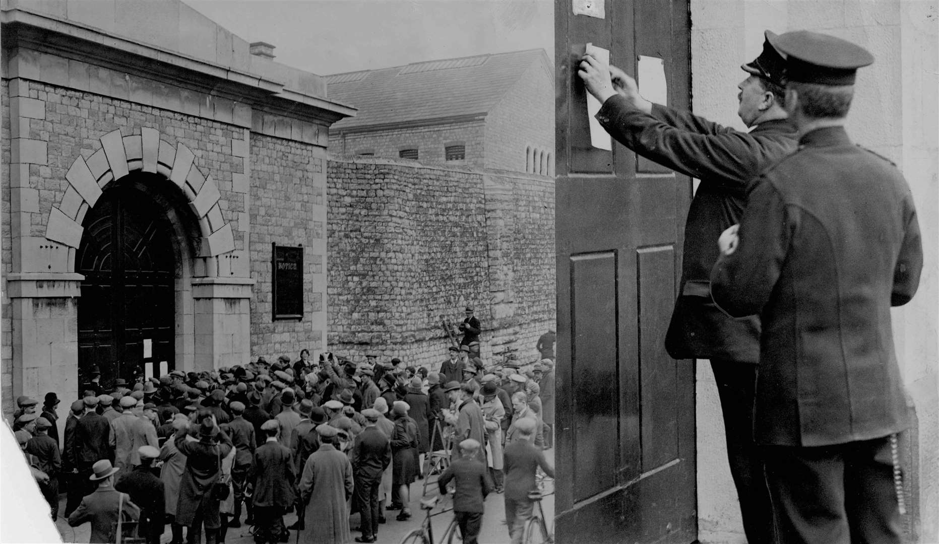 The notice of execution is nailed up outside Maidstone Prison in April 1930