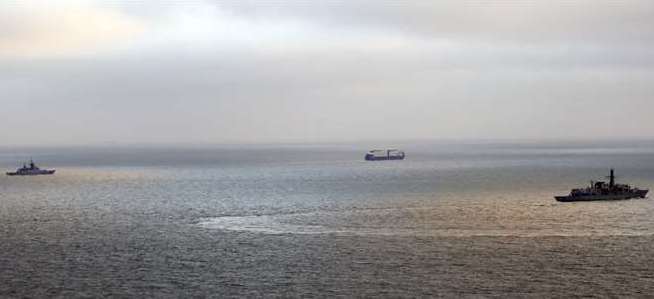 Sailors of the Royal Navy were recalled to HMS Somerset (right) to shadow Russian corvette RFS Soobrazitelny (left) and ro-ro transporter/support ship MV Sparta II (centre) for 500 miles in the North Sea and through the English Channel (Royal Navy/PA)