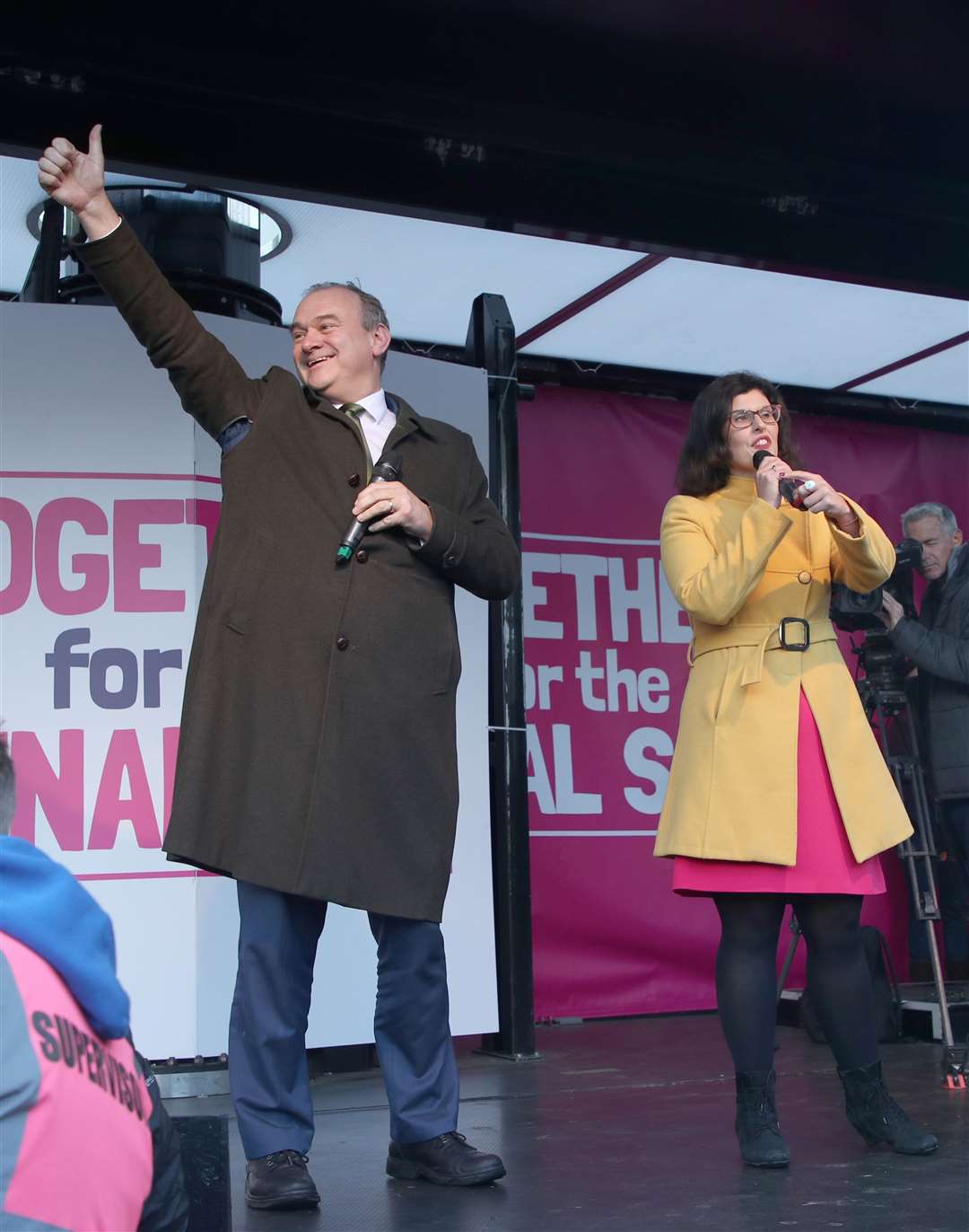 Sir Ed Davey and Layla Moran, on stage during an anti-Brexit rally (Yui Mok/PA)