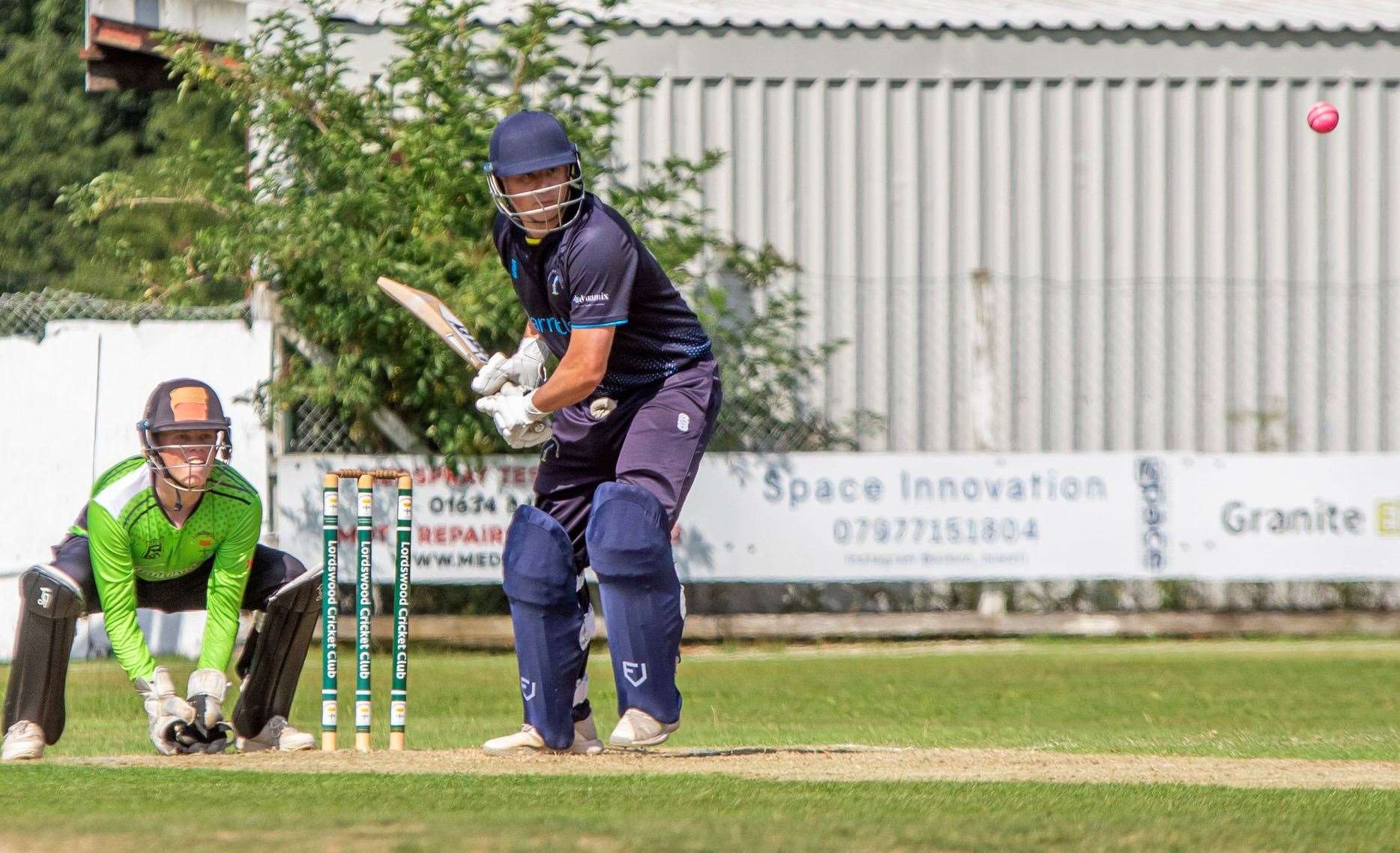 In-form Will Hilton batting for St Lawrence & Highland Court as Lordswood wicketkeeper Max Wood watches on. Picture: Phillipa Hilton