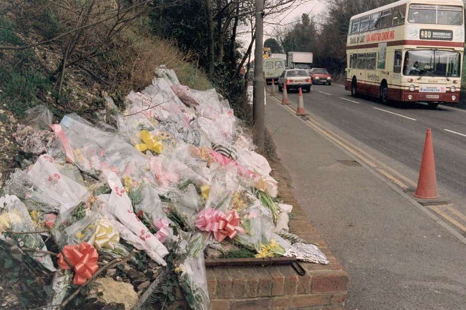 Floral tributes to Claire Tiltman in London Road, Greenhithe in 1993