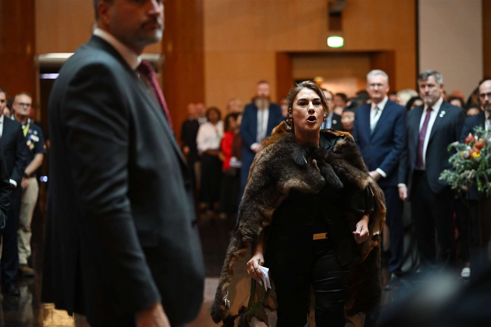 Senator Lidia Thorpe interrupts the ceremonial welcome to Australia for the King and Queen at Parliament House (Victoria Jones/PA)