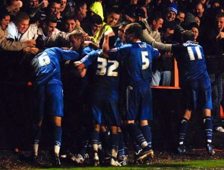 Gillingham celebrate their last gasp leveller. Picture: Matthew Walker