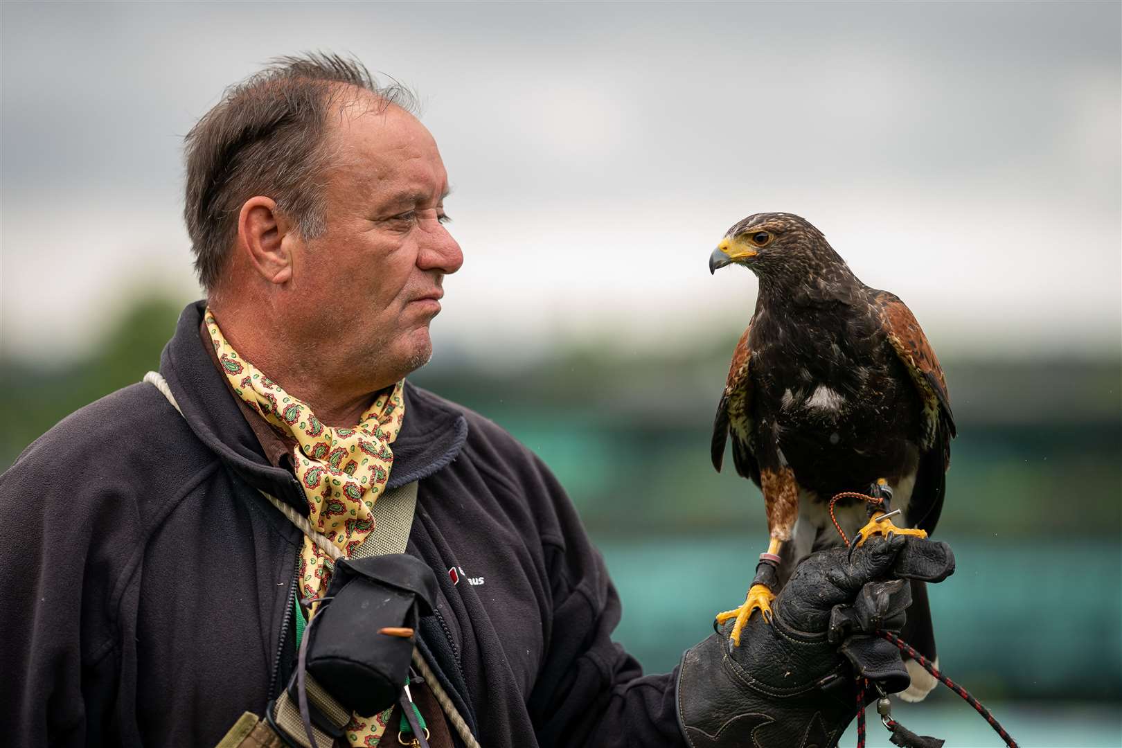 Wayne Davis and Rufus the Harris hawk (Aaron Chown/PA)