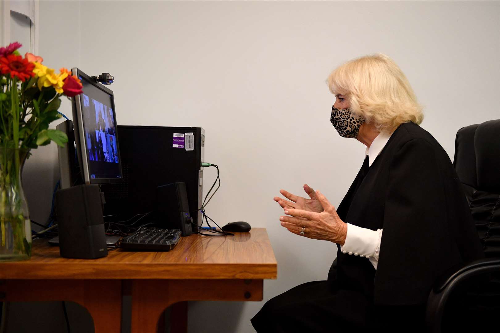 Camilla takes part in a Zoom call with members of the Pepper Pot Centre (Justin Tallis/PA)