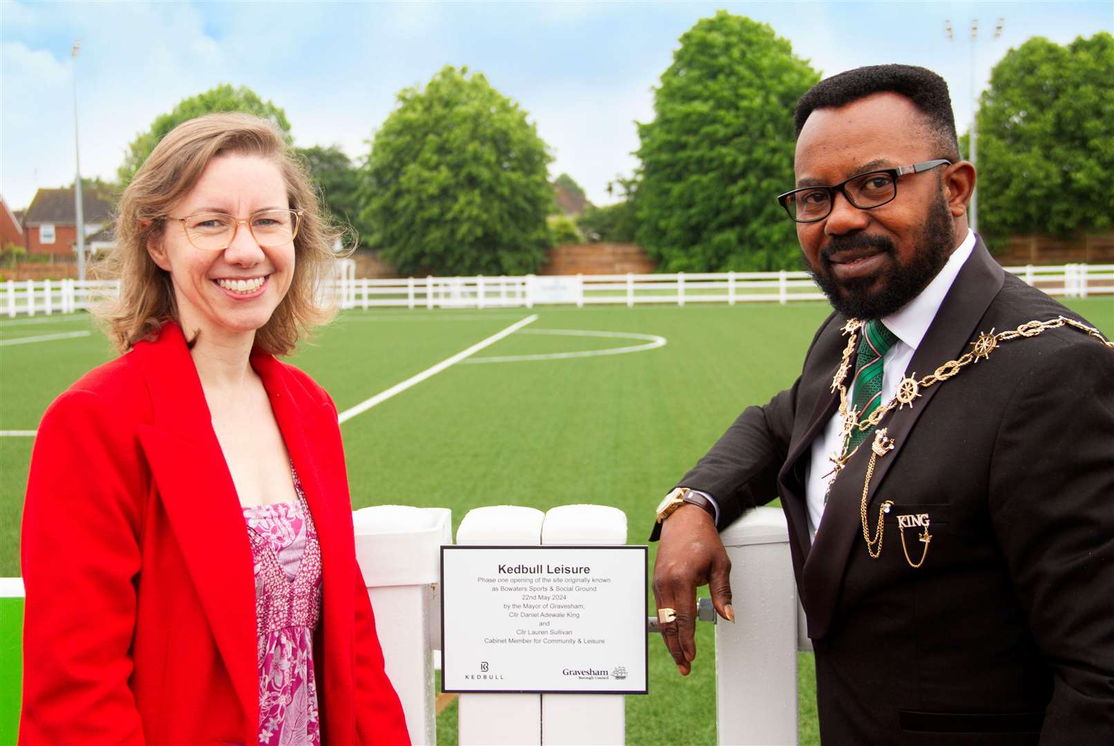 Mayor of Gravesham Cllr Daniel Adewale King and newly elected Gravesham MP Lauren Sullivan officially opened three floodlit 3G football pitches at the new Kedbull Leisure complex in Nelson Road, Northfleet where some of the courses are based. Picture: Courtney Charlton