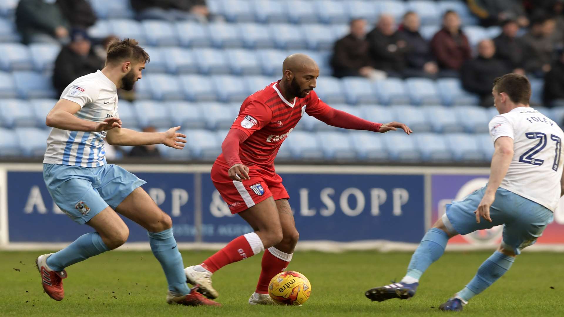 Josh Parker takes on the Sky Blues defence Picture: Barry Goodwin