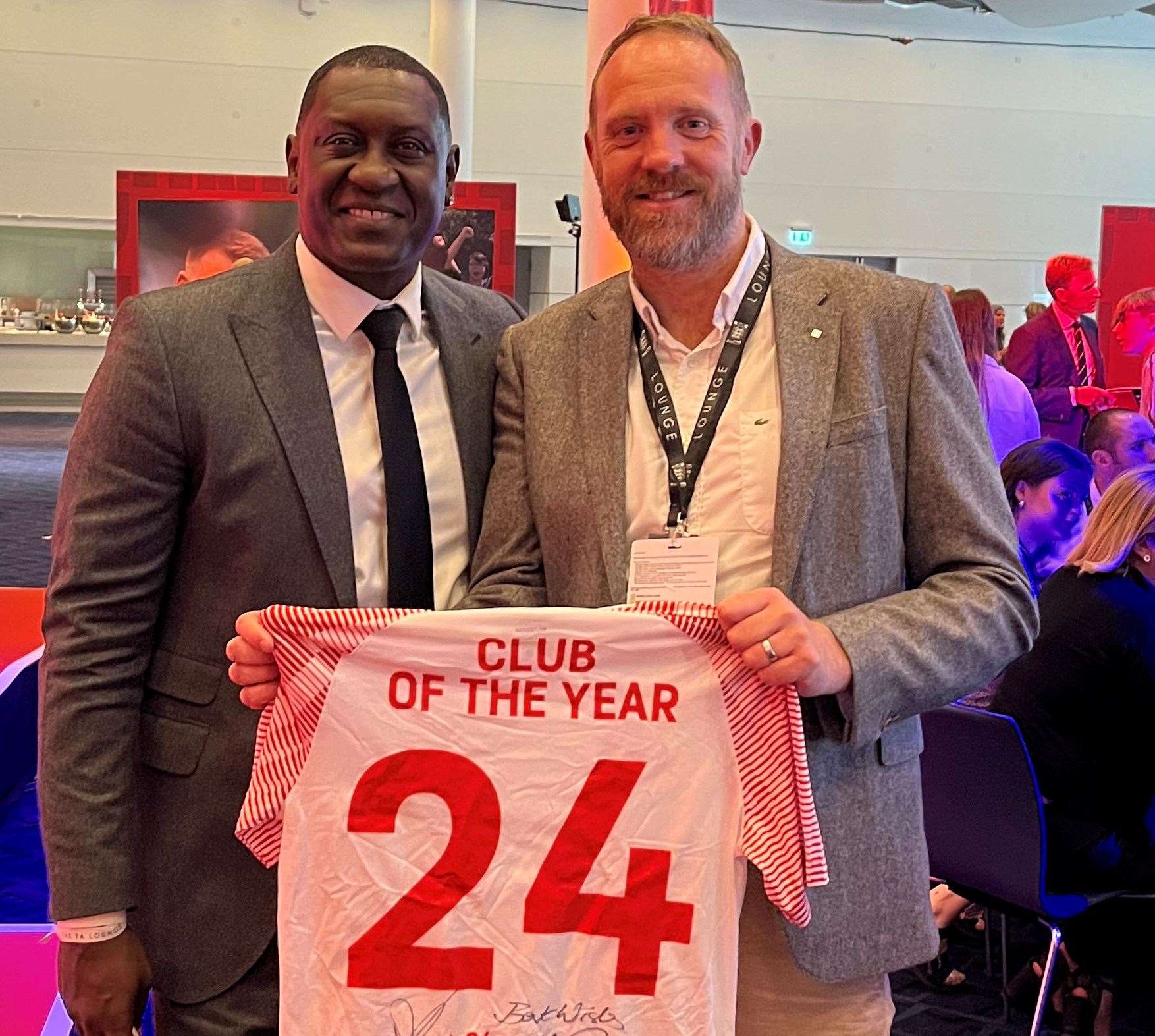 Anchorians FC chaiman Leigh Willis with ex-England and Liverpool striker Emile Heskey. Picture: Tristan Fewings - The FA/The FA via Getty Images