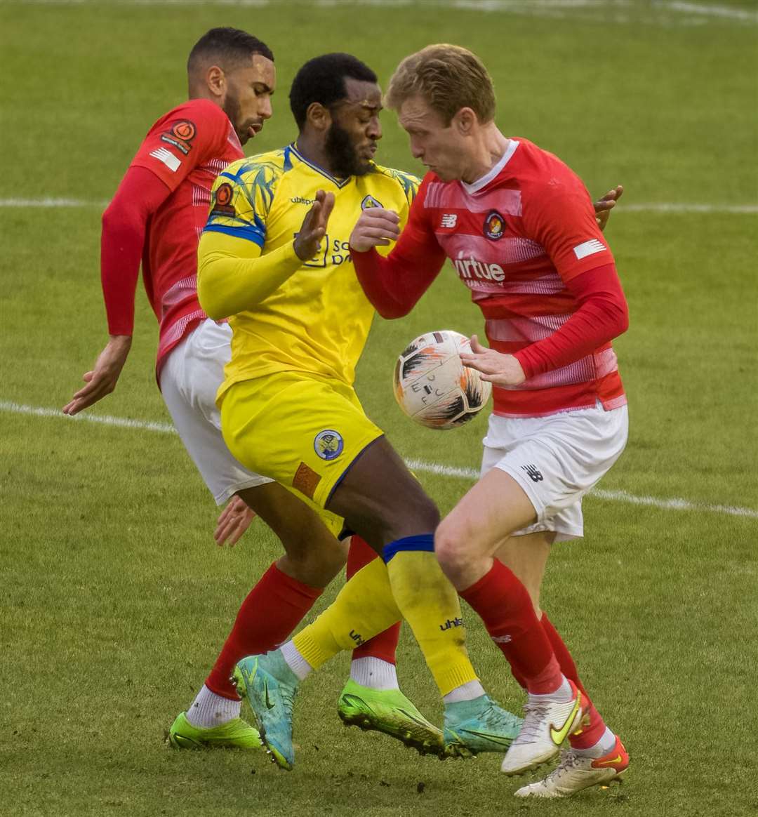 Christian N'Guessan and Josh Wright double up in Ebbsfleet's 2-0 win over Havant - their sixth victory in a row. Picture: Ed Miller/EUFC