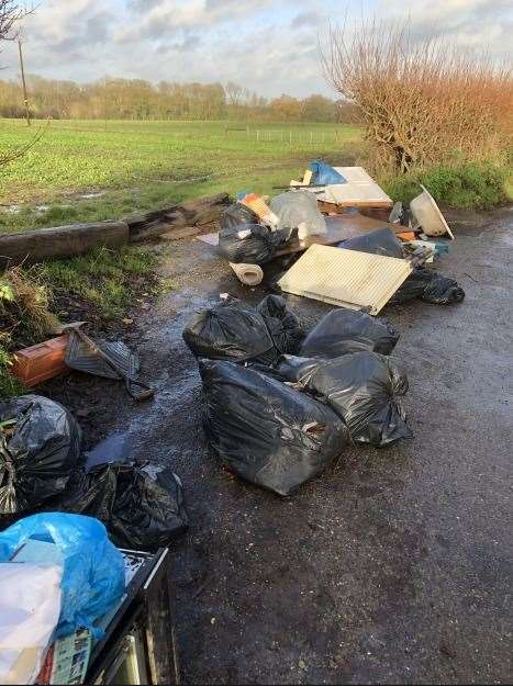 A huge pile of fly-tipped building and garden waste was found dumped in Harvel, near Meopham in January. Picture: Gravesham Borough Council