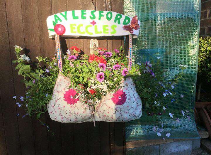 The hanging 'bra-sket' was made by the Aylesford and Eccles WI. Photo courtesy of St Peter and St Paul's Church Facebook