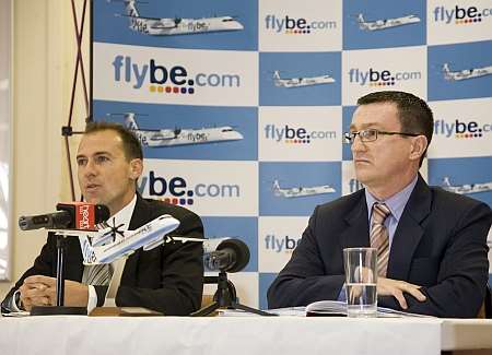 Matt Clarke, chief executive of Kent International Airport and Niall Duffy, head of PR and public affairs at Flybe, at the launch of daily scheduled services to and from Edinburgh