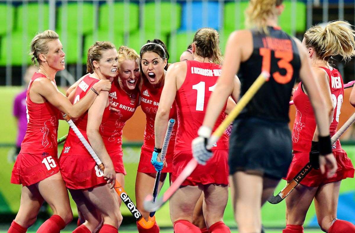 Great Britain's women's hockey team celebrate a goal during the final four years ago when they beat Netherlands to win gold. Picture: Frank Uijlenbroek