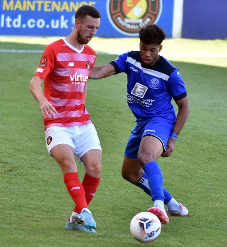 Ebbsfleet’s Greg Cundle, who opened the scoring against Chippenham on Saturday, is closed down by the visitors. Picture: Ed Miller/EUFC