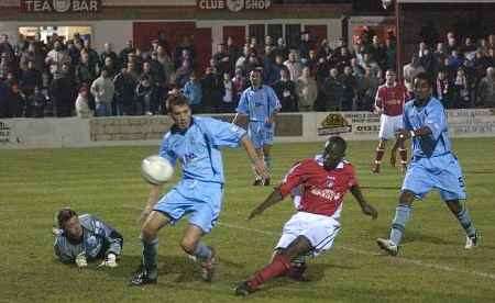 GOAL!: Fleet's Ben Abbey slides in to make it 2-1. Picture: MATTHEW READING