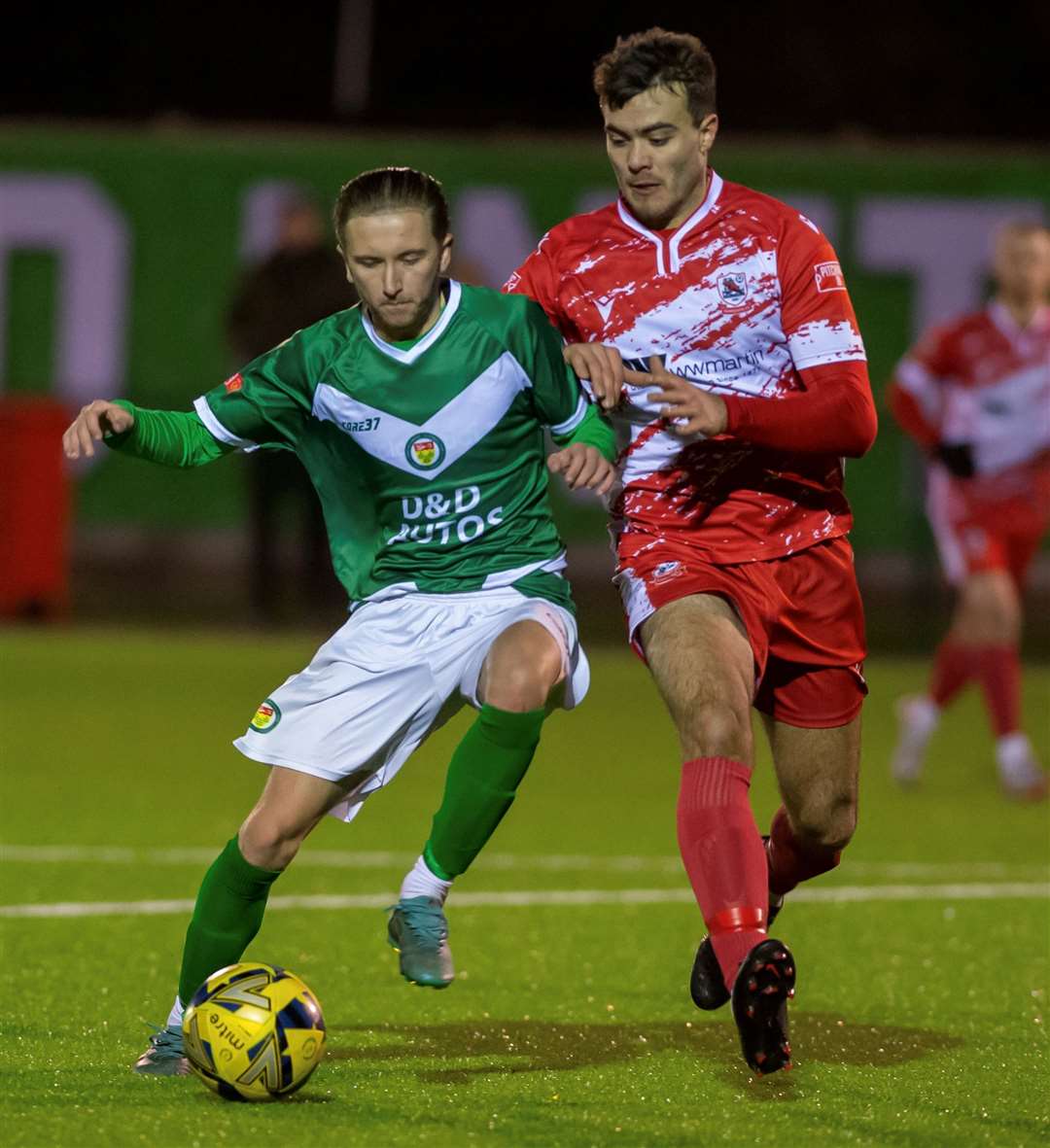 New signing Bradley Ryan holds off Ramsgate defender. Picture: Ian Scammell