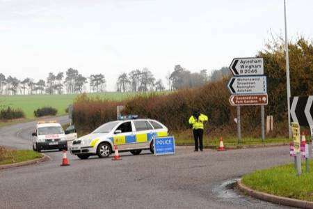 Police close the B2046 at Womenswold following Thursday's serious accident