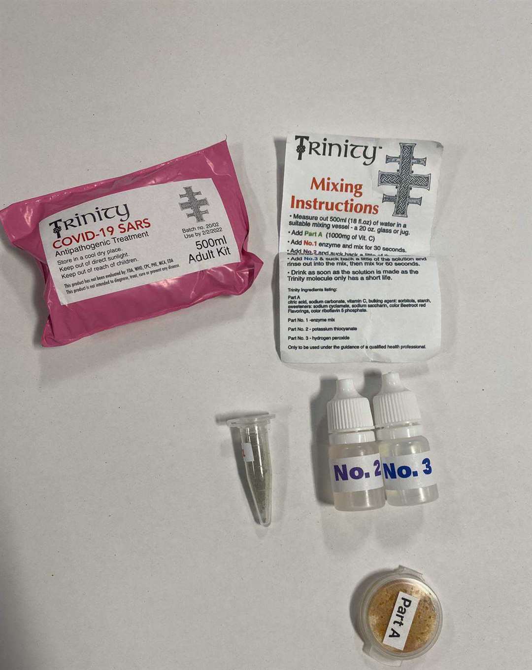 Fake Covid-19 treatment kits produced by Frank Ludlow (City of London Police/PA)