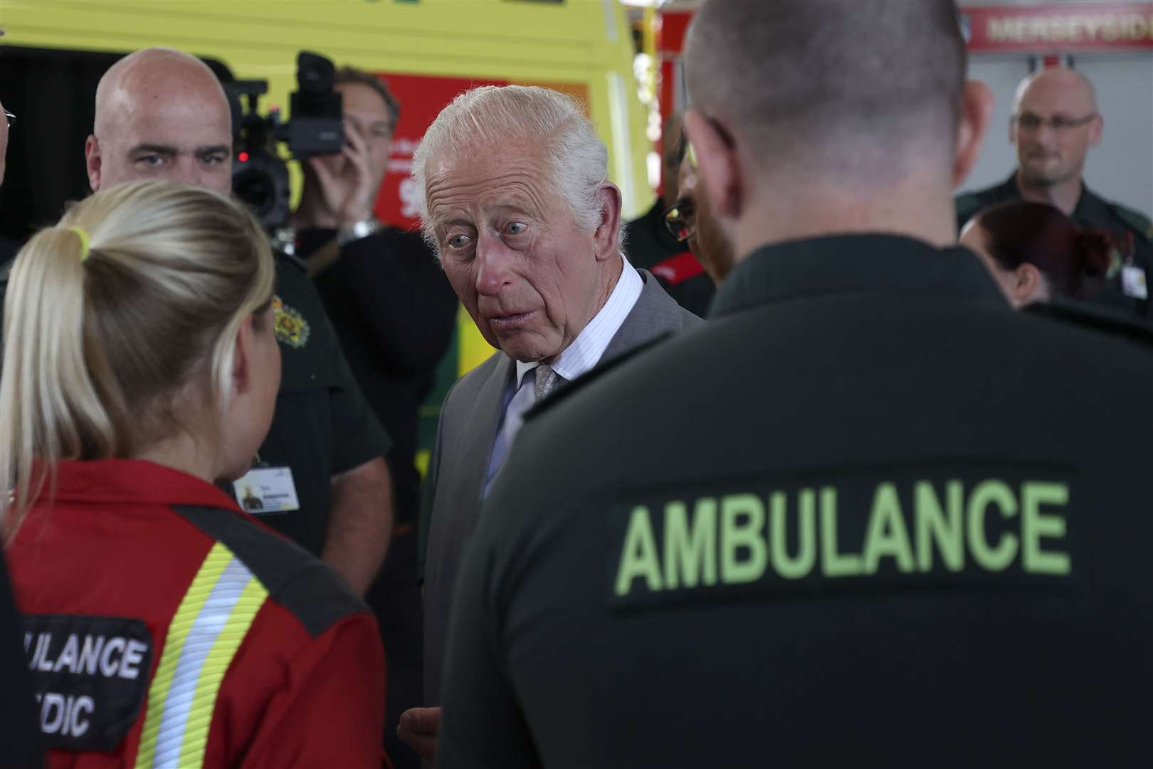 Charles met representatives from Merseyside’s emergency services and local community groups at Southport Community Fire Station (Scott Heppell/PA)