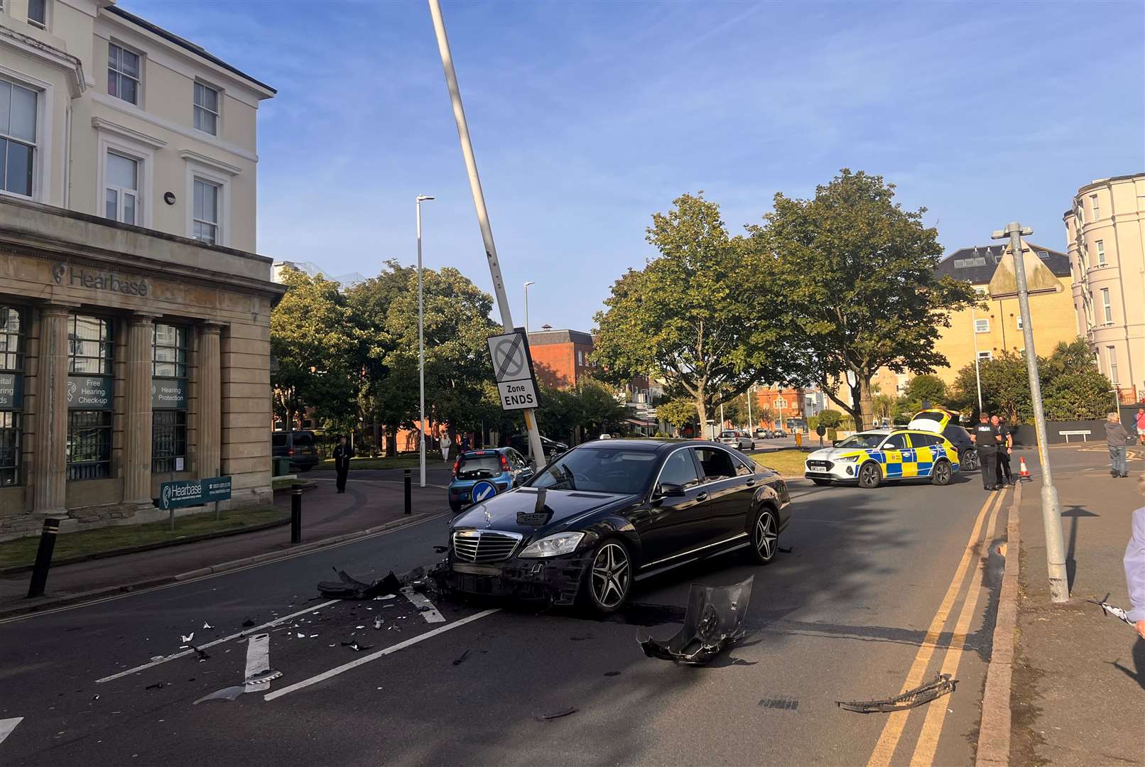 A black Mercedes has crashed into a lamppost on Sandgate Road, Folkestone. Picture: Steve Salter