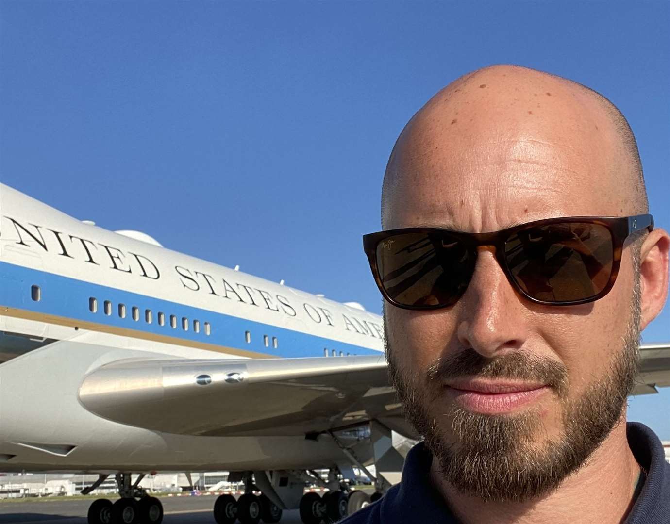 Army veteran Kemsley Whittlesea outside Air Force One at Heathrow Airport. Picture: Kemsley Whittlesea