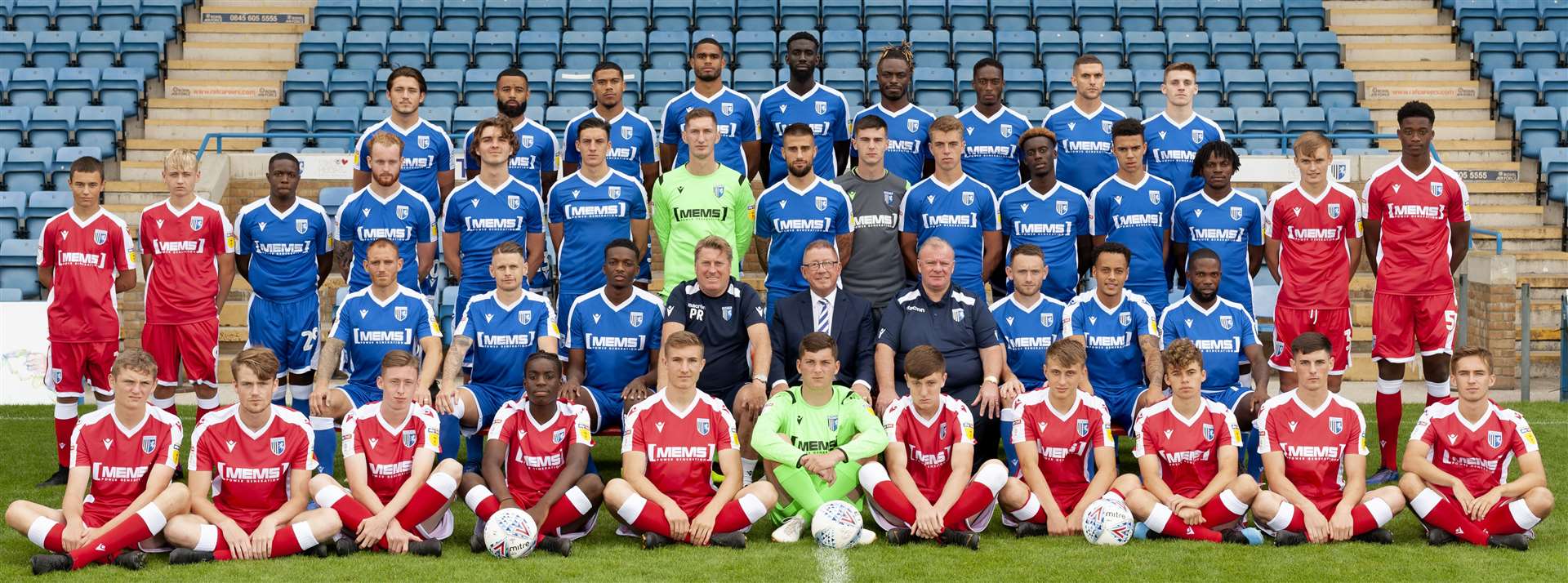 Gillingham's current crop of academy players line-up alongside this year's first-team squad at the club's annual photocall - how many of these will feature in the Premier League one day? Picture: Ady Kerry