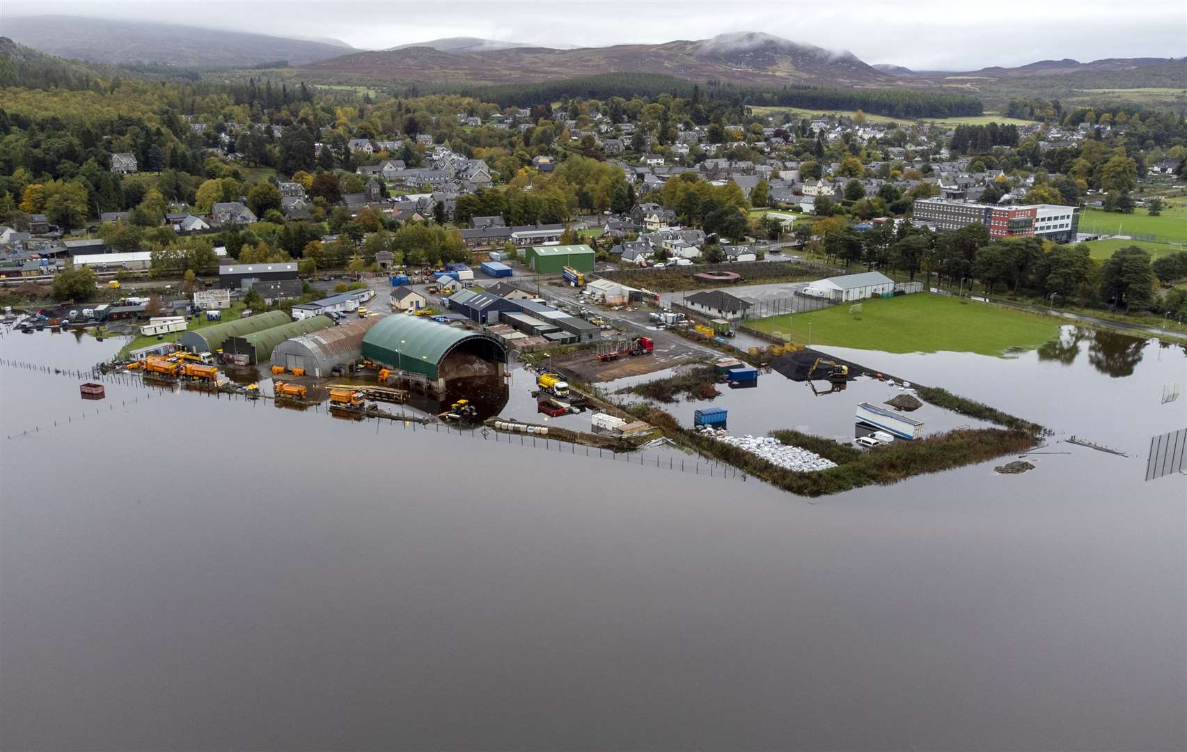 The River Spey overflowed at Kingussie near Aviemore (Jane Barlow/PA)