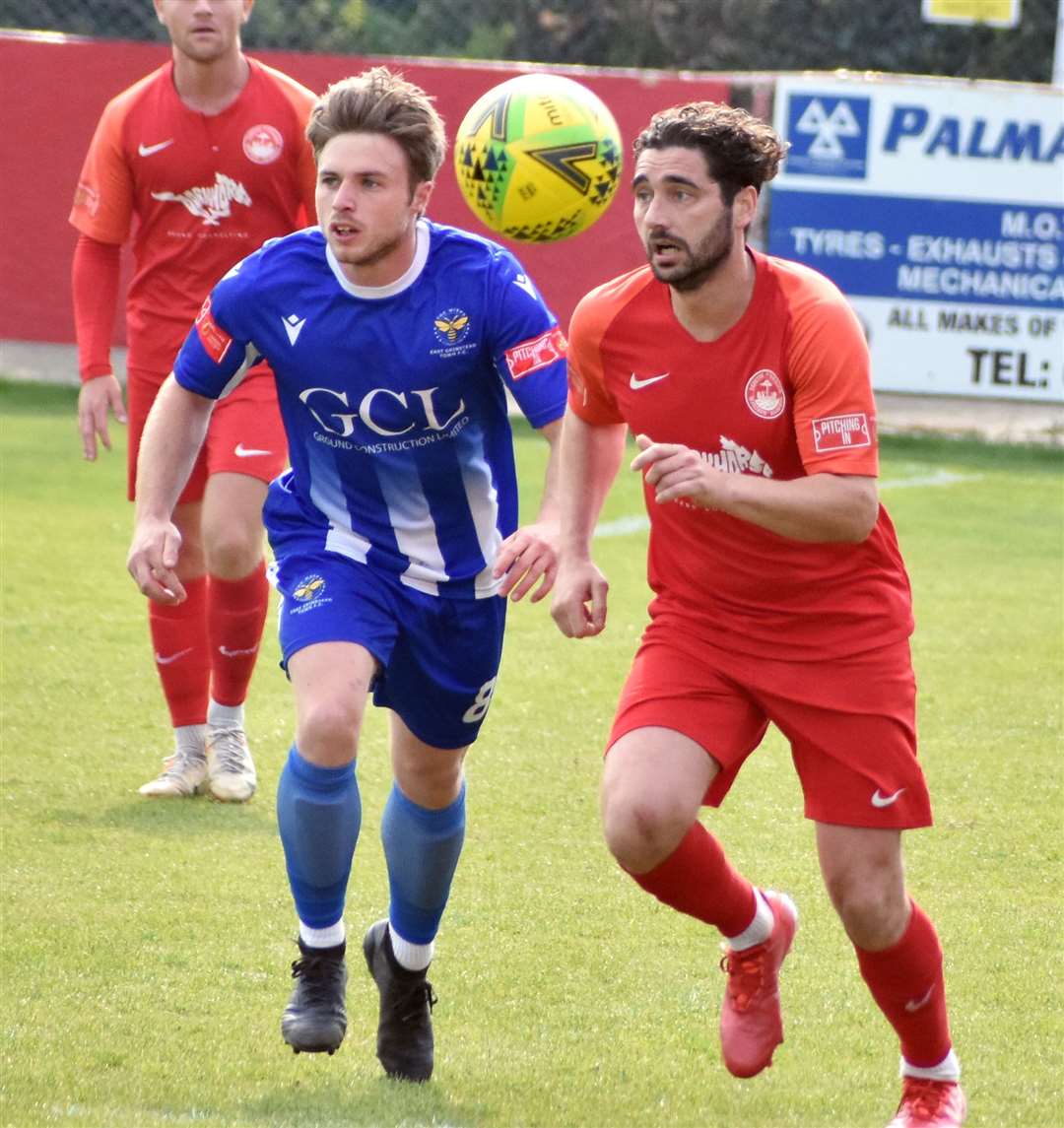 Hythe goalscorer Alex Brown in action against East Grinstead Picture: Randolph File