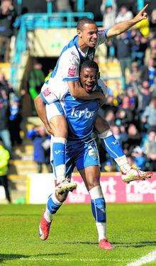 Curtis Weston and Dennis Oli celebrate Gillingham goal