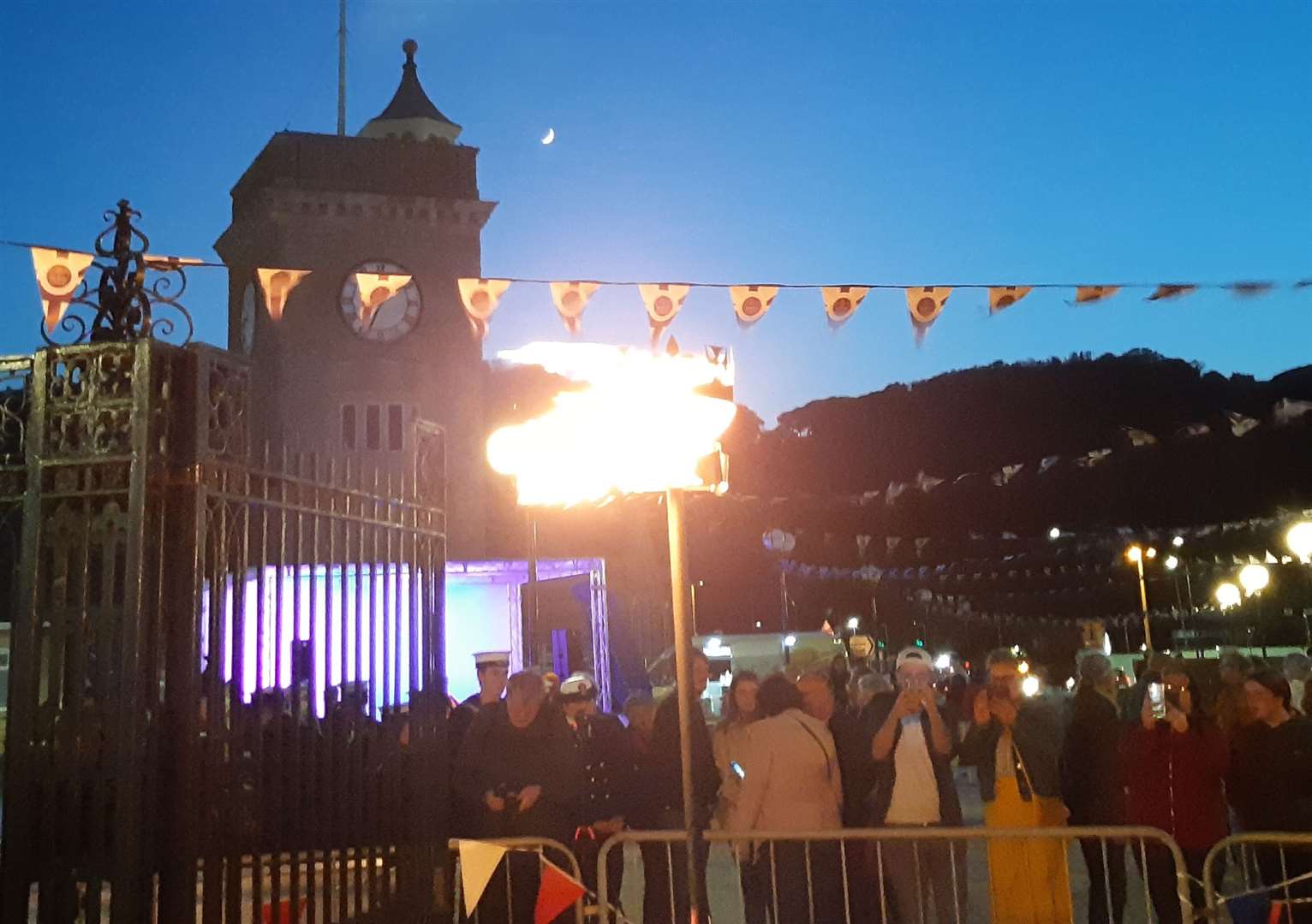 The lit beacon with the Western Docks Clock Tower. Picture:Sam Lennon KMG