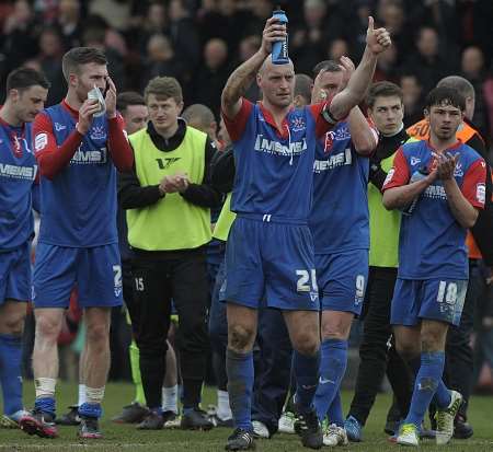 Adam Barrett thanks the Gillingham fans at Cheltenham