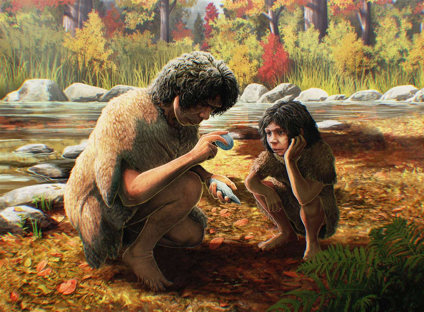 An artist's reconstruction of Homo heidelbergensis making a flint handaxe. Picture: University of Cambridge/Gabriel Ugueto