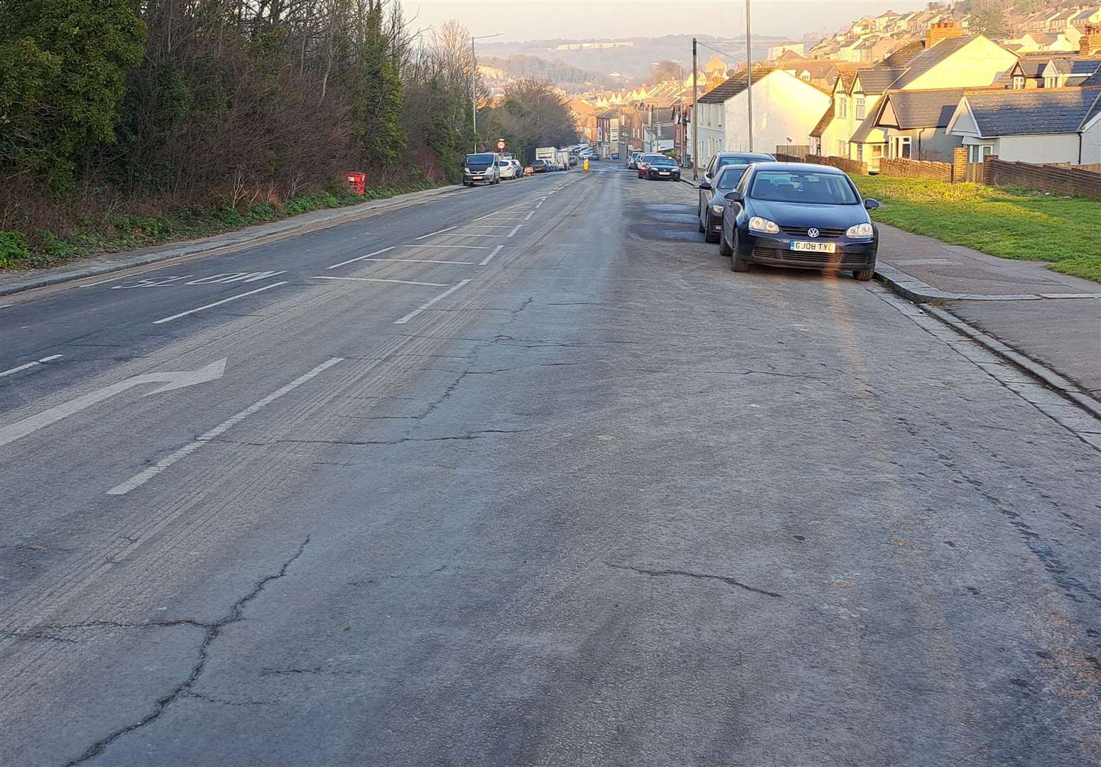 Folkestone Road with the Rugby Road junction to the right