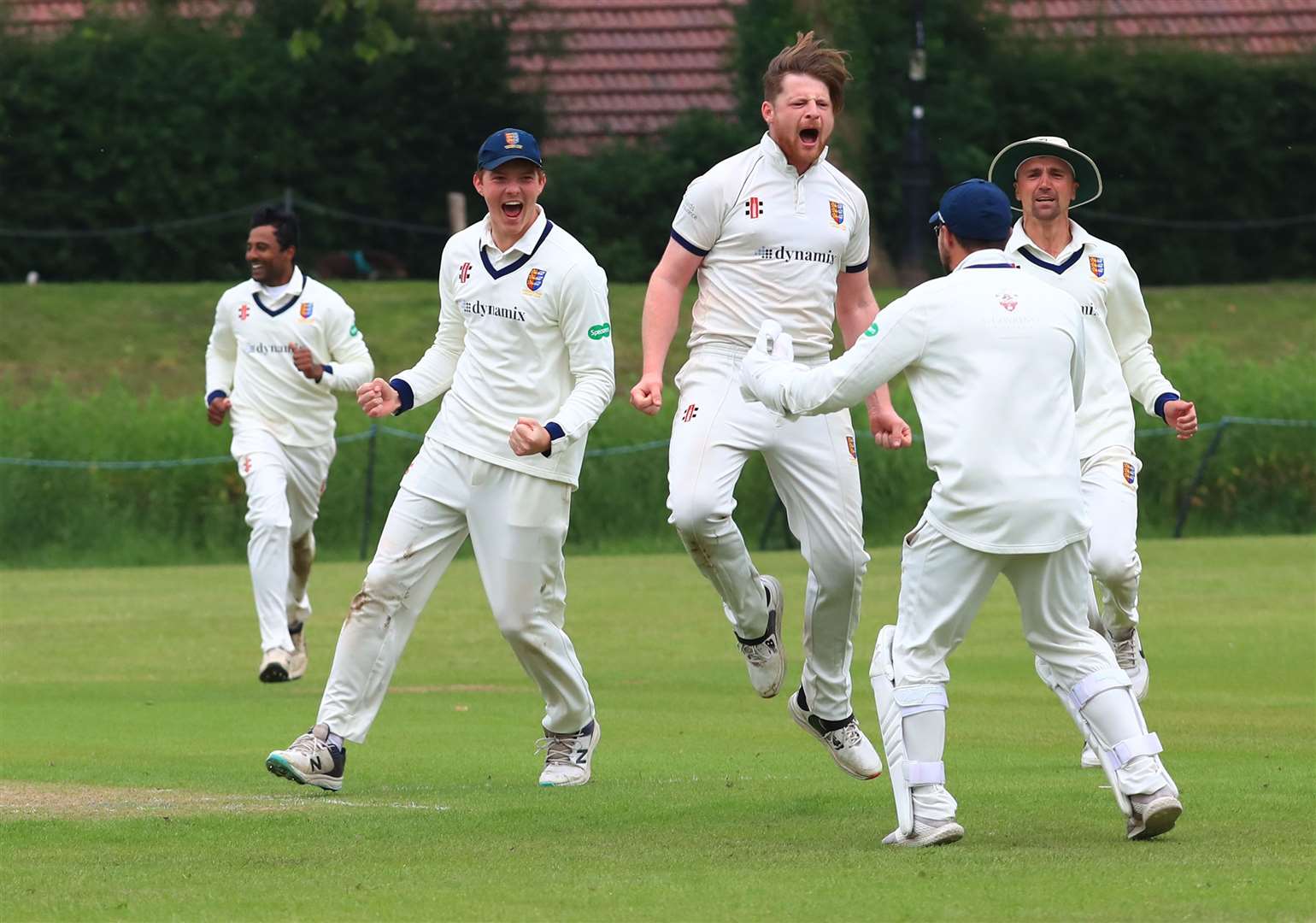 Sandwich Town celebrate a wicket during their three-wicket Kent League Premier Division defeat at home to St Lawrence & Highland Court on Saturday. Picture: Gary Restall