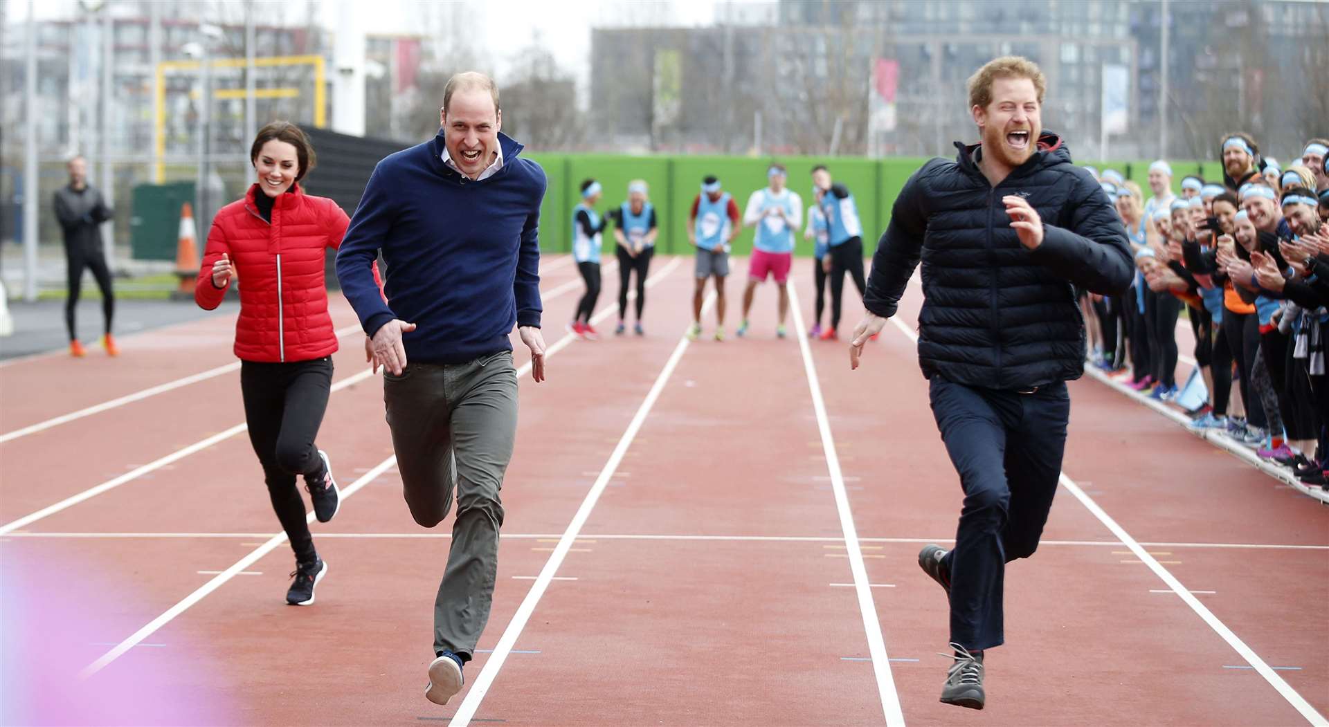 The then-Cambridges and Prince Harry taking part in a race at the Queen Elizabeth Olympic Park in 2017 (Alastair Grant/PA)