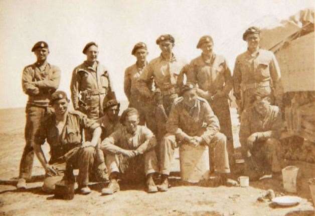 Edward, on the left with arms folded, with comrades of the Royal Tank Regiment, Egypt 1942