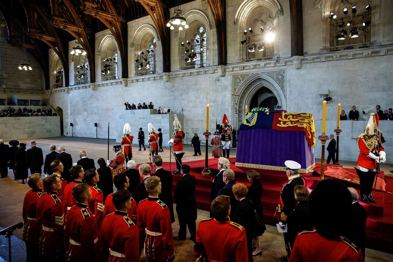 The coffin of Queen Elizabeth II on a catafalque in Westminster Hall (Alkis Konstantinidis/PA)