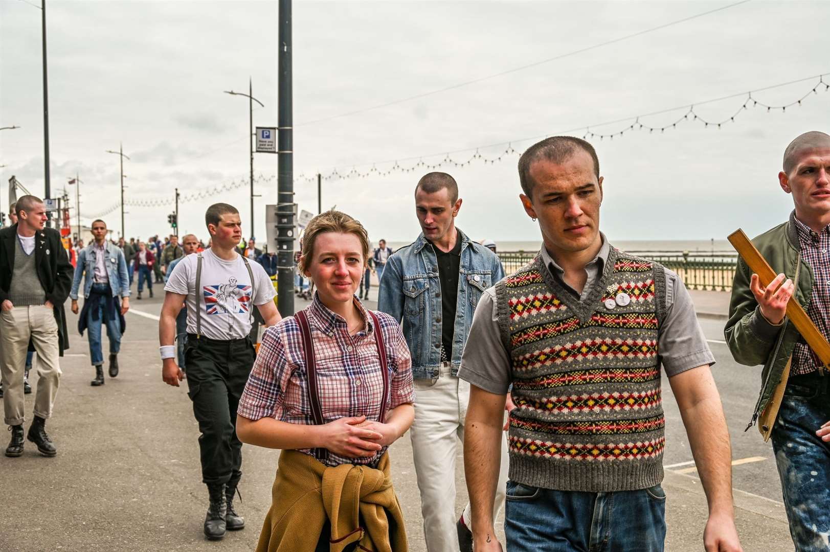 Some of the actors playing skinheads snapped during filming of Empire of Light in Margate. Picture: Steven Collis Allfields Photography