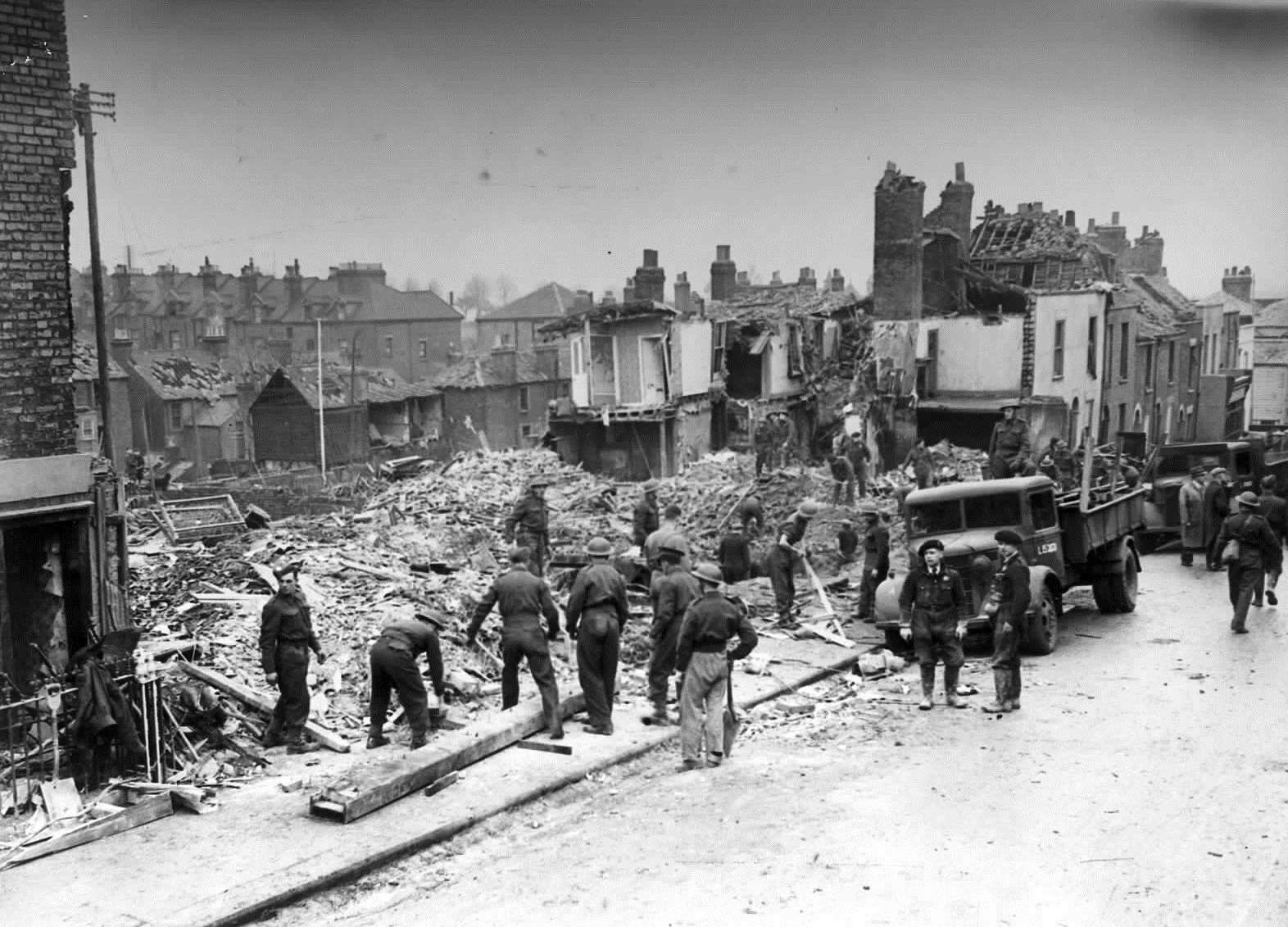 The scene of devastation in Ordnance Street, Chatham, December, 1940