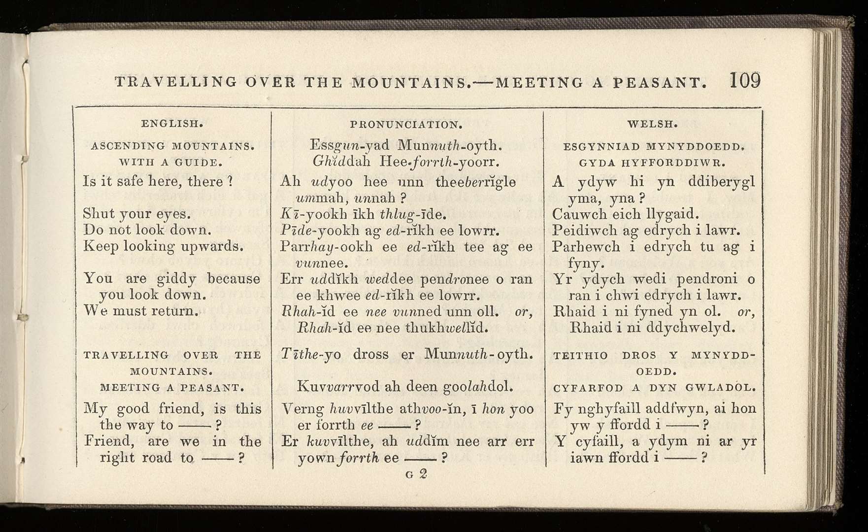 Welsh phrases in The Welsh Interpreter phrasebook (Cardiff University’s Special Collections and Archives)