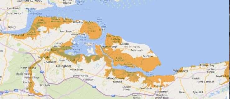 A map showing some of the areas at risk of flooding