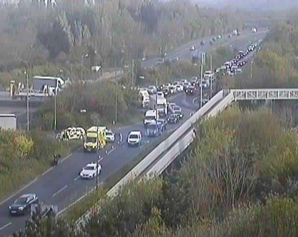 Traffic is building near junction 6 of the M20 and there are emergency services at the motorway. Picture: KCC Highways