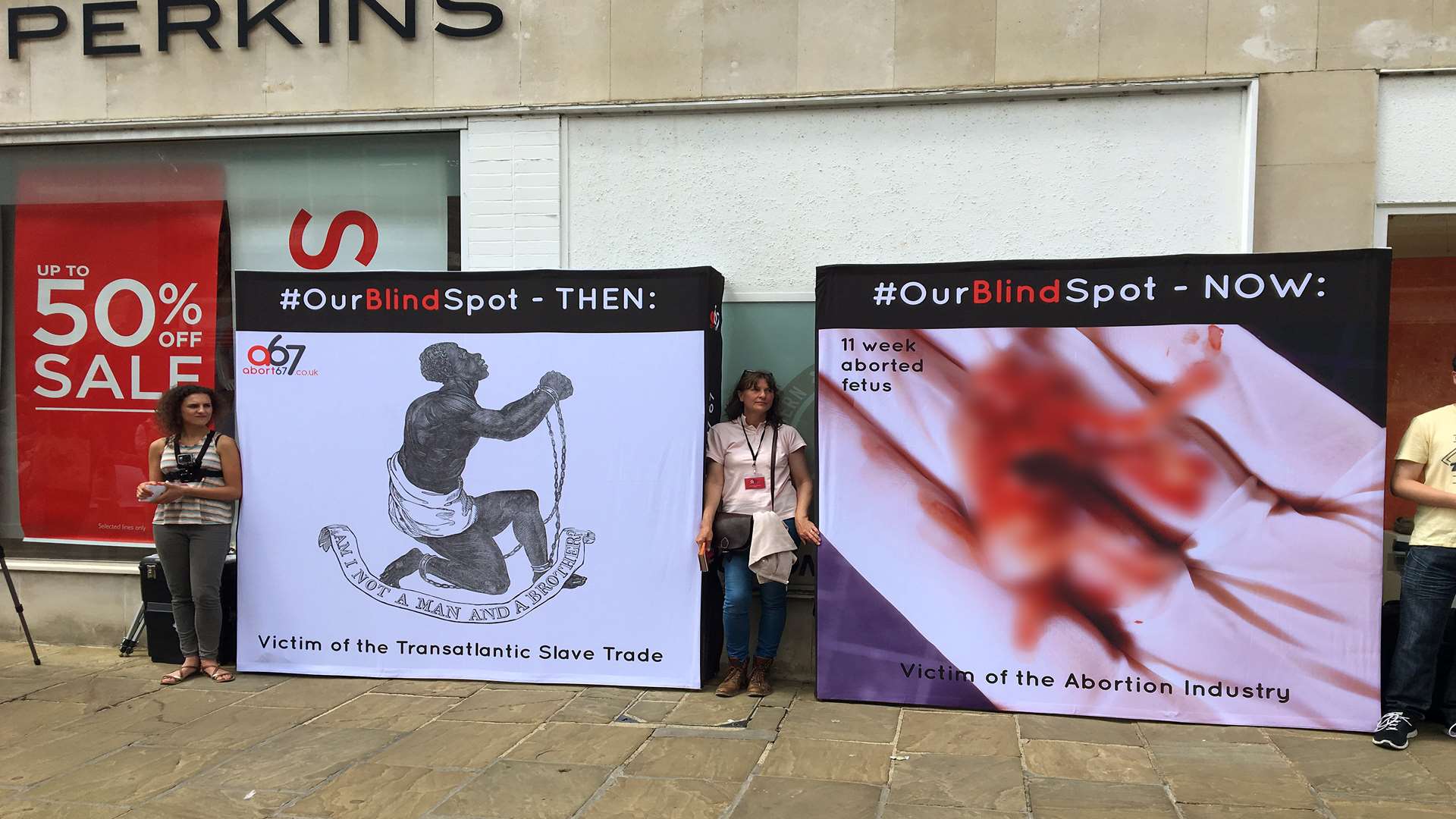 The anti-abortion display by Abort67 showing a harrowing image of an aborted fetus which we have blurred