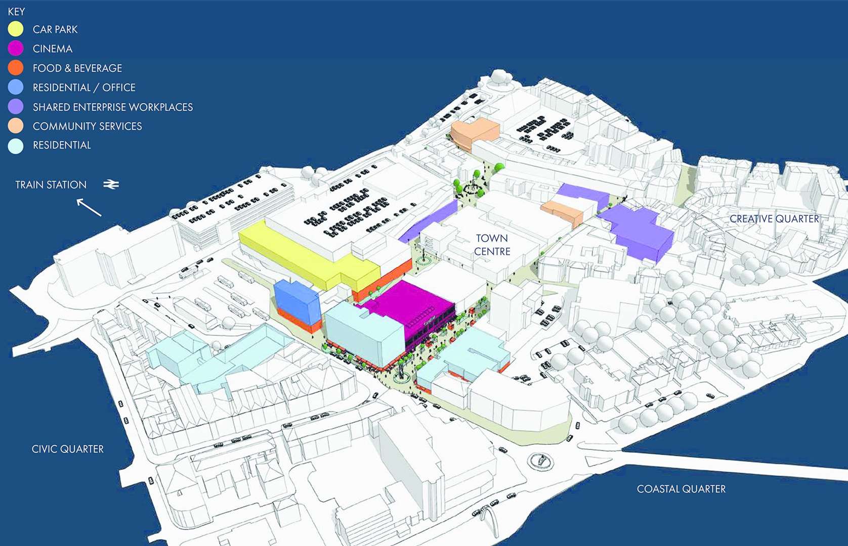 The new town centre plans for Folkestone, including a cinema on the Debenhams site. Credit: Turnerbates Ltd (9217003)