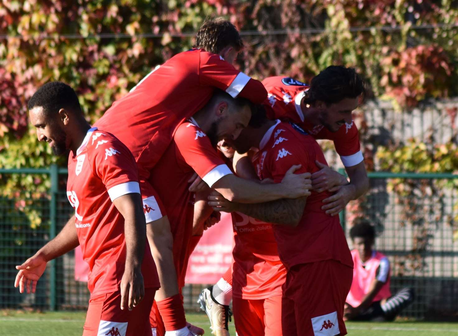 Faversham celebrating one of their goals from another hard-fought victory. Picture: Alan Coomes